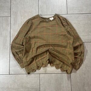 St Johns Bay Womens Large Plaid Scalloped Hem Long Sleeve Blouse Brown Yellow L